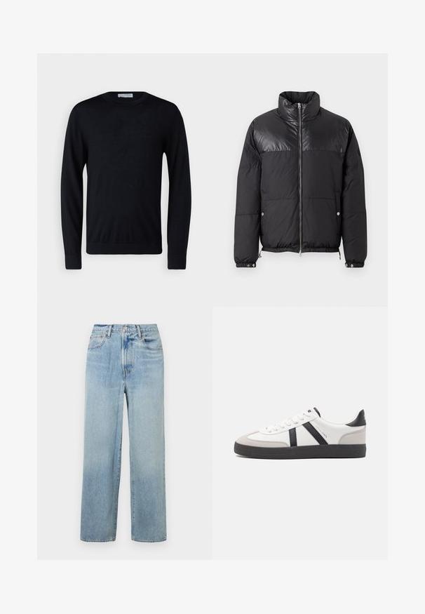 Replay WINTER PUFFER - Talvejope - black; Must musta pikema varrukaga ümara kaelusega kampsun soonikkoes mansettide ja äärega, valgel taustal esitatud.; Heledad sinise värvi sirged teksad kõrgema taljega, millel on viis taskut ja peened kulumisjäljed. Toor lõpp ja kontrastsed õmblused.; Valged tossud mustade ja hallide aktsentidega, tekstureeritud halli varbakattega, musta kummitald ja lamedad valged paelad. Puhtad jooned, minimalistlik stiil.