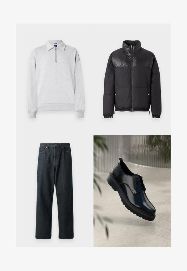 Replay WINTER PUFFER - Zimná bunda - black; Šedá mikina s polovičným zipsom, dlhými rukávmi a rebrovanými manžetami a spodným okrajom. Vyrobená z mäkkej, textúrovanej tkaniny. Jednoduchý, bezzdobný dizajn.; Tmavé džíny s rovnými nohavicami, s tradičným usporiadaním piatich vreciek a kovovým gombíkom na zapínanie v pase.; Čierna kožená topánka s lesklým povrchom, okrúhlou špičkou, šnurovacími detailmi, kontrastným prešívaním a hrubou gumovou podrážkou so vzorom na podrážke.