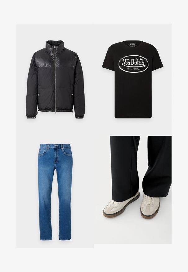 Replay WINTER PUFFER - Zimná bunda - black; Čierne tričko s krátkym rukávom s bielym logom "Von Dutch California" vo vnútri oválu na hrudi, s okrúhlym výstrihom.; Modré riflové džínsy s rovnou nohavicu, s klasickým piatich vrecúškovým dizajnom a jemnými švovými detailmi pozdĺž švov.; Nohy v béžových teniskách s hnedými podrážkami a čierne široké nohavice na bielom pozadí.