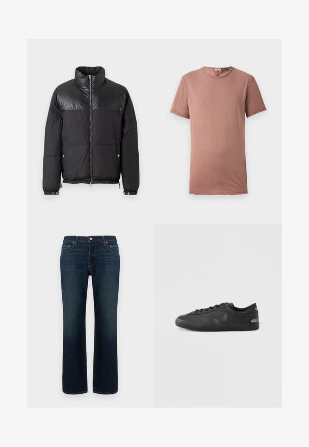 Replay WINTER PUFFER - Vinterjakker - black; Kortærmet t-shirt med rund hals i støvet rosa. Blødt stof med minimal detaljer og lige snit, velegnet til afslappet brug.; Hollister Co. HERMOSA - Jeans Relaxed Fit - dark blue; Sorte sneakers i læder med tekstureret overflade, rund tå, snørelukning og diskret branding på siden og hælen.