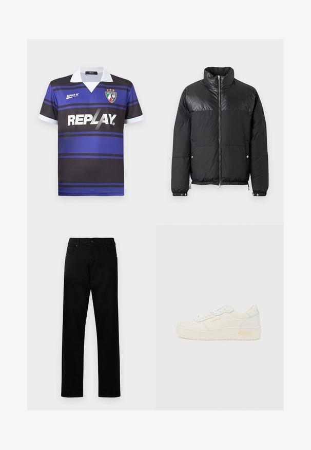 Replay WINTER PUFFER - Vinterjakker - black; Sort og blå fodboldtrøje med horisontale striber, hvid krave og "REPLAY" logo. Har et skjoldemblem med stjerner ovenfor.; Sorte denimjeans med lige ben. Funktioner inkluderer to frontlommer, en knaplukning og en ren, glat overflade.; Lavtop hvid sneaker med snørelukning foran, tyk sål og diskret "REPLAY" branding på siden og hælen, vist i profil.