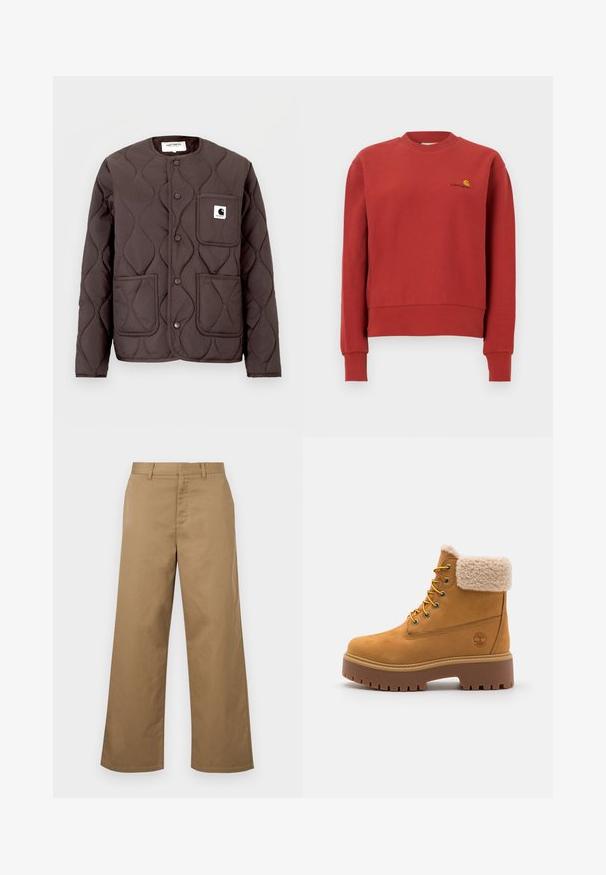 Mørkebrun quiltet jakke med rund halsudskæring, trykknapper, to forlommer og en venstre brystlomme med et logo-patch.; Rød crewneck-sweatshirt med lange ærmer og ribbede manchetter, med en lille gul og sort Carhartt-logo på venstre bryst.; Brune bukser med vide ben, bæltestropper og lynlåslukning foran, vist mod en hvid baggrund.; Tan ruskindsstøvle med en kunstig pelskrave, gyldne øjer og en kontrasterende gummisål. Har et logo på siden og struktureret sål.