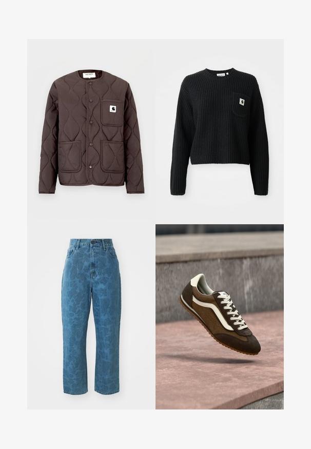 Mørkebrun quiltet jakke med rund halsudskæring, trykknapper, to forlommer og en venstre brystlomme med et logo-patch.; Sort ribbenstrikket sweater med rund hals, lange ærmer og en frontlomme med et lille logo patch. Forkortet længde.; Lyseblå denim jeans med en subtil mønstret struktur, høj talje og lige ben. Har en frontlukning med knap og lynlås.; Brun og mørkebrun ruskindssneaker med hvid stribe og snørebånd, svævende over en lyserød stensurface og grå baggrund.