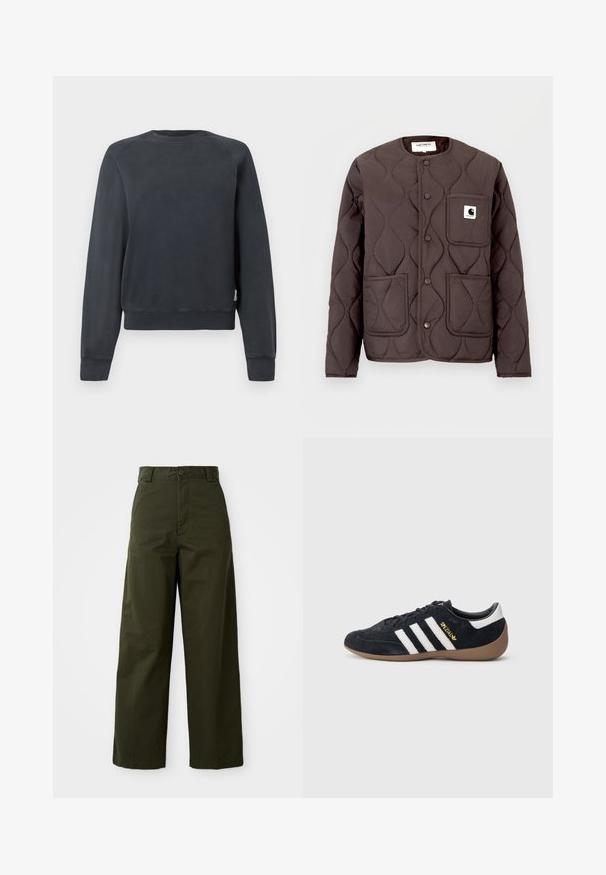 Tumepruun tikanditega jope ümara kaelusega, snap-nööbid, kaks esitaskut ja vasakpoolsel rinnal logomärgiga tasku.; Tumehall kašmiriga sweatshirt ümarate kraega, raglan varrukatega ja soonikuäärtega. Sile tekstuur, ilma nähtavate mustrite või aktsentideta.; Õlivaheline laiu jalgadega püksid, mis on valmistatud tugevast puuvillast. Omavad nööpidega sulgemist, vööd, ja sirget lõiget ilma silmapaistvate mustriteta.; Mustast seemisest vabaajajalats, millel on kolm valget triipu, kummisest tallast ja küljele kinnitatud väike kuldne logo. Siseküljel on sile must vooder.