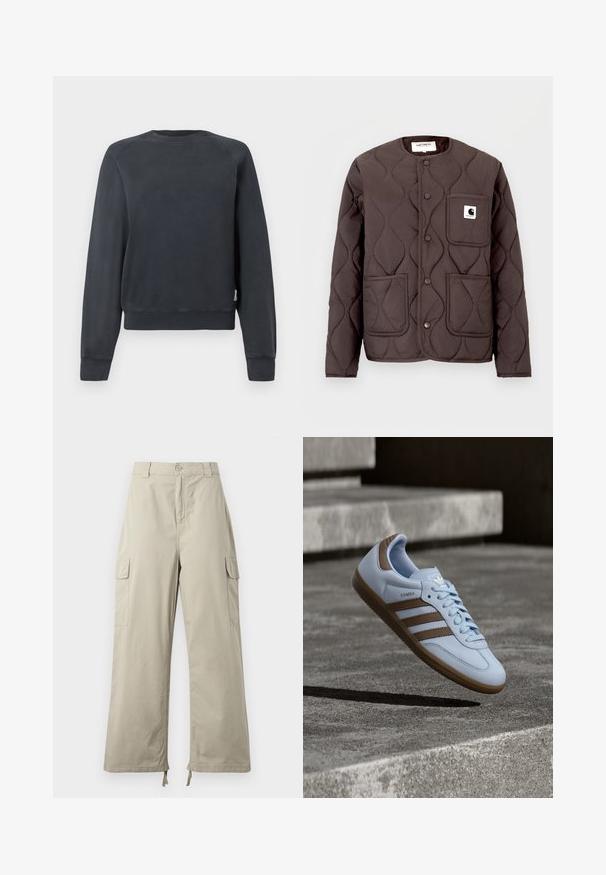 Dunkelbraune gesteppte Jacke mit rundem Ausschnitt, Druckknöpfen, zwei vorderen Taschen und einer linken Brusttasche mit Logo-Patch.; Dunkelgrauer Kapuzenpullover mit Rundhalsausschnitt, Raglanärmeln und gerippten Bündchen und Saum. Glatte Textur ohne sichtbare Muster oder Akzente.; Helle beige Cargo-Hosen mit lockerer Passform, ausgestattet mit einem Knopfverschluss, seitlichen Taschen und verstellbarem Saum mit Bändern. Glatte Stoffoberfläche.; Hellblauer Sneaker mit braunen Wildlederakzenten, drei seitlichen Streifen, flachen Schnürsenkeln und einer strukturierten Gummisohle. Markenlogo auf der Zunge.