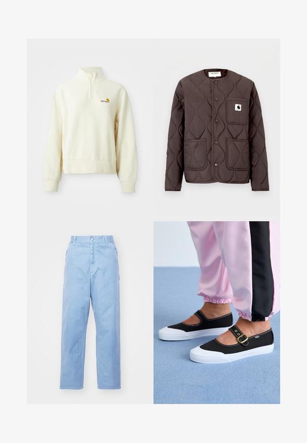Mørkebrun quiltet jakke med rund halsudskæring, trykknapper, to forlommer og en venstre brystlomme med et logo-patch.; Cremefarvet pullover med høj krave og halv lynlås. Har ribbede manchetter og et logo på venstre brystområde. Blød, glat tekstur.; Lyseblå denimbukser med lige ben-design, knaplukning og forlommer. Stof har en subtil tekstur med en glat finish.; Sorte lærredssko med en hvid sål, der har et udskæringsdesign og et guldspænde. Bæret med lyserøde træningsbukser.