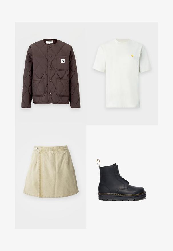 Mørkebrun quiltet jakke med rund halsudskæring, trykknapper, to forlommer og en venstre brystlomme med et logo-patch.; Hvid kortærmet t-shirt med rund hals og et lille gult logo på venstre bryst, vist mod en ensfarvet baggrund.; Khaki mini nederdel lavet af blødt stof, med lukning på siden, glat tekstur og en let udvidet silhuet med nederkanten over knæet.; Sort læder ankelstøvle med elastiske sidepaneler, rund tå, kontrasterende gul syning og en kraftig gummisål.