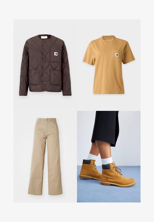 Donkerbruine gewatteerde jas met een ronde halslijn, drukknoopsluiting, twee voorzakken en een linkerborstzak met een logopatch.; Effen bruine T-shirt met korte mouwen en een borstzakje met een vierkante merklogo-patch, getoond op een effen lichte achtergrond.; Beige wijde broek van katoen, met een knoopsluiting en riemlussen, met een gladde textuur en een nette afwerking.; Tan suède enkellaarsjes met bruine leren accenten, gouden oogjes en een getextureerde zool. Witte sokken zichtbaar boven de laarsjes.