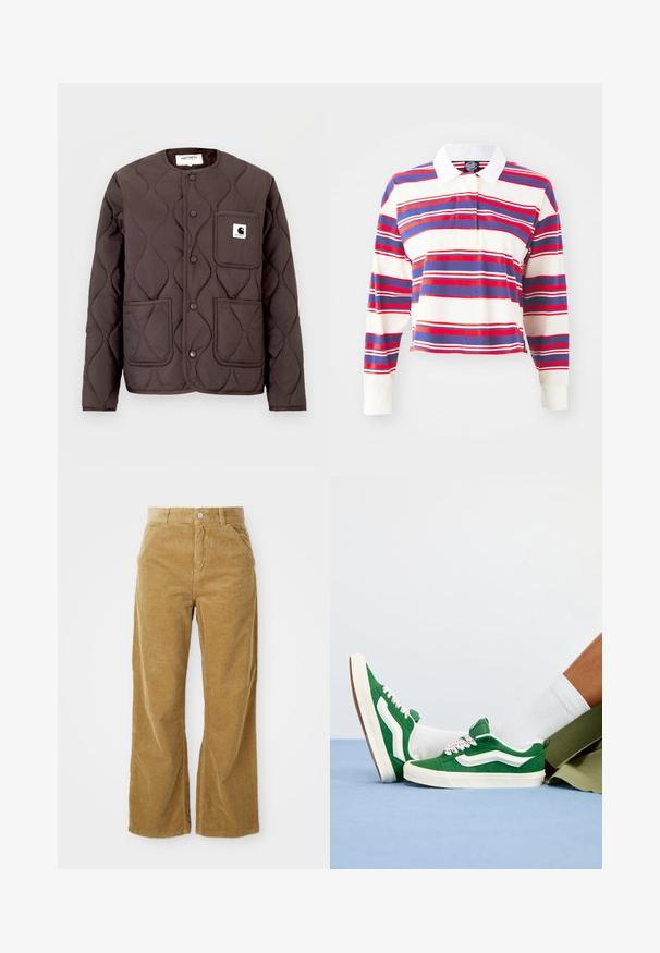 Chaqueta acolchada marrón oscuro con cuello redondo, botones de presión, dos bolsillos delanteros y un bolsillo en el pecho izquierdo con un parche de logo.; Camisa polo de manga larga en color crema con rayas horizontales en azul, rojo y blanco. Presenta un collar blanco y un diseño corto. Tejido suave.; Pantalones de pana de pierna ancha en marrón claro, con un patrón de canalé texturizado, cinco bolsillos y un botón de cierre en la cintura.; Zapatillas de ante verde con acentos blancos, cordones texturizados que presentan detalles en rosa y una suela de goma beige, combinadas con calcetines blancos y pantalones cortos verdes.