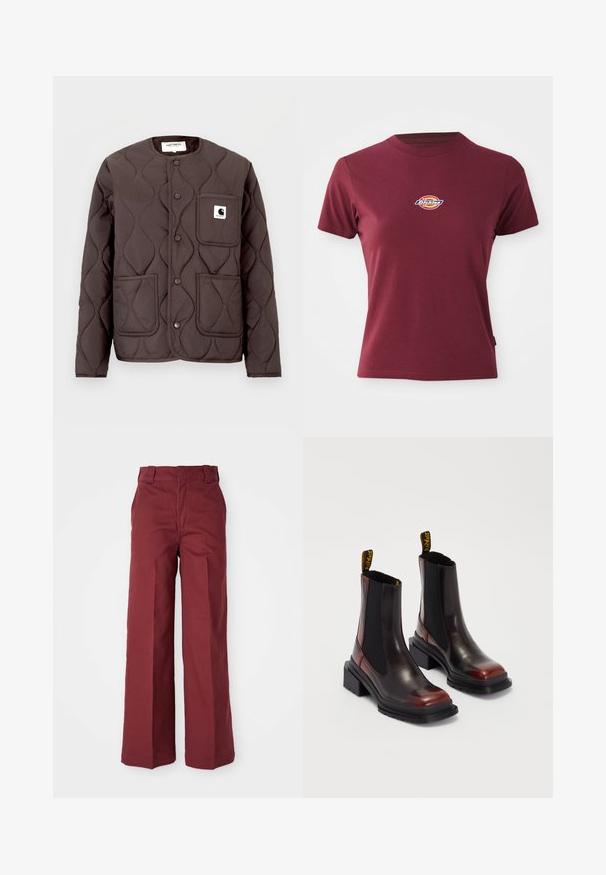 Dunkelbraune gesteppte Jacke mit rundem Ausschnitt, Druckknöpfen, zwei vorderen Taschen und einer linken Brusttasche mit Logo-Patch.; Bordeauxrotes T-Shirt mit kurzen Ärmeln aus Baumwolle, mit Rundhalsausschnitt und kleinem, mehrfarbigen "Dickies"-Logo auf der Brust.; Hüftlange, weite Hosen aus bordeauxroter Baumwolle mit hohem Bund, Gürtelschlaufen und einer glatten Textur. Die Beine haben einen geraden Schnitt ohne Verzierungen.; Dr. Martens MAYBOLE CHELSEA - Plateaustiefelette - black/cherry red