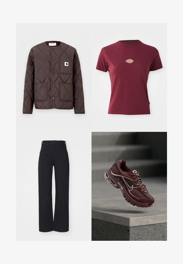 Mørkebrun quiltet jakke med rund halsudskæring, trykknapper, to forlommer og en venstre brystlomme med et logo-patch.; Bordeaux kortærmet t-shirt lavet af bomuld med rund halsudskæring og et lille multicoloreret "Dickies" logo på brystet.; Sorte højtaljede bredbenede jeans med frontknap og lynlås, bæltestropper og to forlommer på hvid baggrund.; Bordeauxrød Nike løbesko med meshstof, polstret krave, tyk sål og hvide detaljer. Designet har en rundet tå og markante snørebånd.