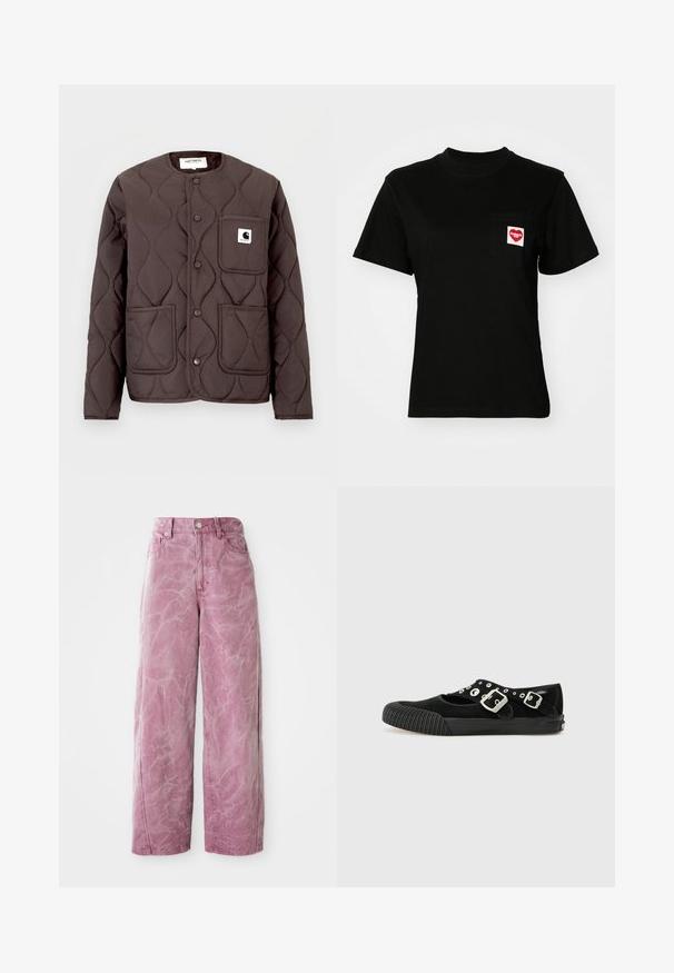 Mørkebrun quiltet jakke med rund halsudskæring, trykknapper, to forlommer og en venstre brystlomme med et logo-patch.; Sort bomulds t-shirt med rund halsudskæring og korte ærmer. Har en frontlomme med et rødt hjerte-logo og hvid tekst.; Rosa bredde ben jeans med høj talje, med en falmet, tekstureret finish, knaplukning og sidelommer.; Vans MARY JANE - Ballerinasko - black