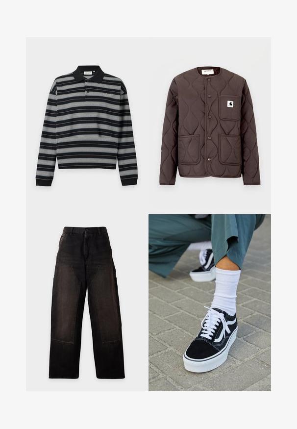 Veste matelassée marron foncé avec un col rond, des boutons-pression, deux poches avant et une poche poitrine gauche ornée d'un écusson logo.; Polo noir à manches longues avec des rayures horizontales blanches et grises, patte à deux boutons et logo brodé sur la poitrine.; Pantalon noir à jambes larges avec grandes poches plaquées devant et passants de ceinture, présenté sur un fond clair uni.; Baskets en suède noir avec des accents et des lacets blancs, présentant une épaisse semelle blanche et des coutures contrastantes, associées à une chaussette blanche.