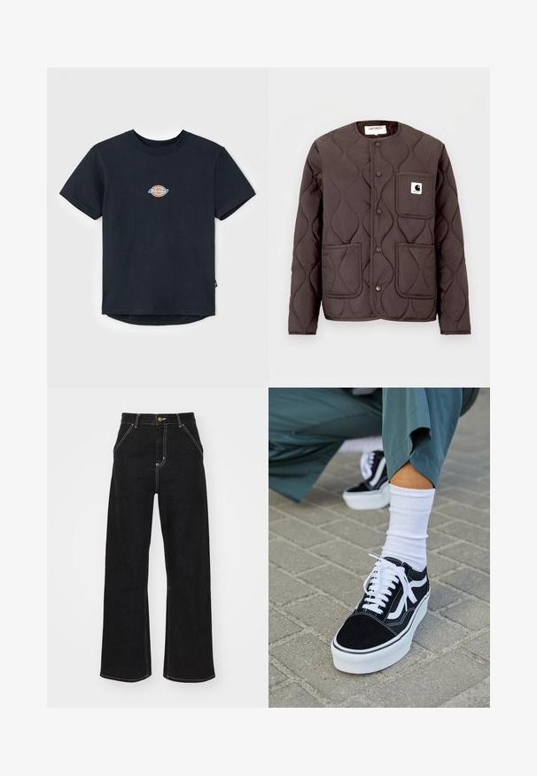 Chaqueta acolchada marrón oscuro con cuello redondo, botones de presión, dos bolsillos delanteros y un bolsillo en el pecho izquierdo con un parche de logo.; Camiseta de algodón negra con mangas cortas, cuello redondo y un pequeño logo multicolor en el pecho. Tiene un dobladillo recto y la parte trasera es ligeramente más larga.; Vaqueros negros de pierna ancha hechos de mezclilla. Presentan costuras blancas en contraste, bolsillos delanteros y un cierre de botón en la cintura.; Zapatillas de ante negro con acentos y cordones blancos, que cuentan con una gruesa suela blanca y costuras en contraste, combinadas con un calcetín blanco.