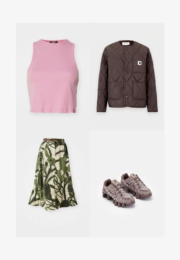 Chaqueta acolchada marrón oscuro con cuello redondo, botones de presión, dos bolsillos delanteros y un bolsillo en el pecho izquierdo con un parche de logo.; Top corto de canalé rosa con cuello redondo y diseño sin mangas. Presenta un dobladillo que termina justo por encima de la cintura.; Falda larga con estampado de cactus en tonos verdes y crema, con una cintura ajustada y un cinturón marrón para abrochar.; Nike Sportswear SHOX TL - Zapatillas - pumice/night maroon/plum eclipse