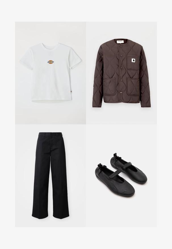 Chaqueta acolchada marrón oscuro con cuello redondo, botones de presión, dos bolsillos delanteros y un bolsillo en el pecho izquierdo con un parche de logo.; Camiseta blanca de algodón con un logo redondo y acentos multicolores. Mangas cortas y un cuello redondo, con una pequeña etiqueta en el dobladillo.; Pantalones de pierna ancha negros, hechos de suave tejido de algodón. Presentan una cinturilla clásica, bolsillos laterales y un corte recto hasta el dobladillo.; Par de zapatos estilo Mary Jane de cuero negro con talón elástico y correa ajustable, con el logo de Puma en la zona delantera.