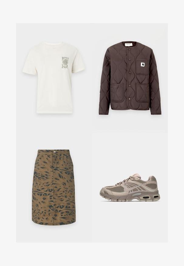 Veste matelassée marron foncé avec un col rond, des boutons-pression, deux poches avant et une poche poitrine gauche ornée d'un écusson logo.; T-shirt blanc à manches courtes avec encolure ronde, présentant un petit motif gris d'une fleur et le texte "ROXY 1990" sur la poitrine gauche.; Jupe marron mi-longue jusqu'aux genoux avec imprimé animal abstrait foncé, boutons sur le devant et taille élastique, posée à plat sur fond blanc.; Chaussure de sport beige avec tige en mesh, accents moulés, bout arrondi et amorti d'air visible dans la semelle. Lacets de couleur neutre.