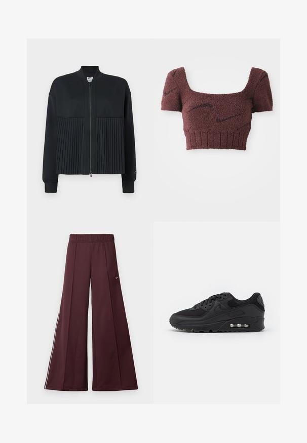 Sort jakke med lynlås fortil, der har en glat overdel og en plisseret nederdel. Består af blødt, strækbart materiale.; Lilla cropped top med et struktureret stof, firkantet halsudskæring, korte ærmer og ribbet kant, med subtile mørke mønstre gennemgående.; Bordeaux bredde-bukser i et glat stof med elastisk talje og hvide striber på siden. Har et lille Nike-logo på venstre lår.; Sort atletisk sneakers med en glat læder- og mesh-overdel, rund tå, teksturerede detaljer og en synlig luftenhed i sålen.