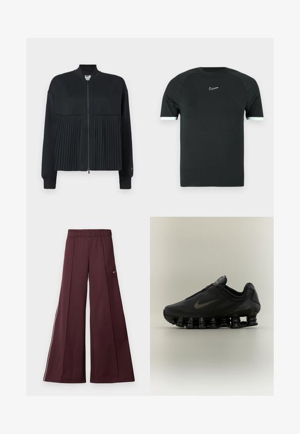 Sort jakke med lynlås fortil, der har en glat overdel og en plisseret nederdel. Består af blødt, strækbart materiale.; Sort atletisk t-shirt lavet af et glat stof. Har korte ærmer med hvid kant og et lille hvidt logo på brystet.; Bordeaux bredde-bukser i et glat stof med elastisk talje og hvide striber på siden. Har et lille Nike-logo på venstre lår.; Sort Nike-sneaker med lynlåsfunktion øverst og karakteristisk fjederlignende opdelt sål, vist i sideprofil mod en neutral baggrund.