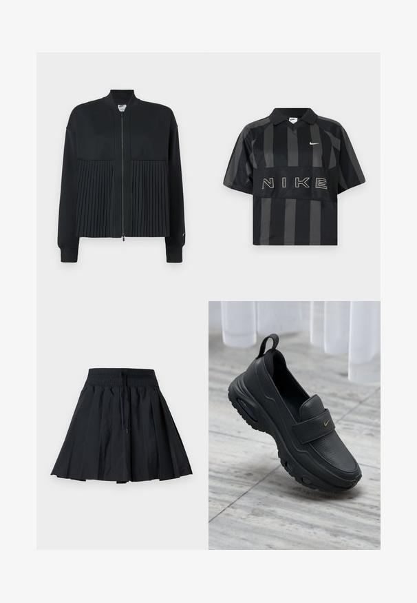 Sort jakke med lynlås fortil, der har en glat overdel og en plisseret nederdel. Består af blødt, strækbart materiale.; Sort og mørkegrå polo t-shirt med korte ærmer fra Nike med vertikale striber, krave, hvid Nike-swoosh og stor NIKE-tekst over brystet.; Sort plisseret nederdel med elastisk taljebånd og snor, knælængde, vist på en ensartet lysegrå baggrund.; Sort læder slip-on sko med flad sål, tekstureret finish, polstret overdel og guldfarvet logo-accent. Designet for komfort og nem påtagning.