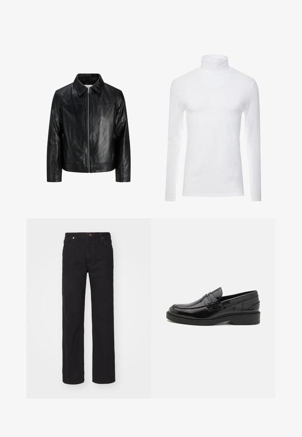 Schwarze Lederjacke mit Frontreißverschluss, spitzem Kragen, langen Ärmeln und einfachen Nahtdetails, vor weißem Hintergrund gezeigt.; Weißes Langarm-Turtleneck-Shirt aus weichem, dehnbarem Stoff. Verfügt über einen hohen Kragen und eine figurbetonte Passform, die eine schlanke Silhouette bietet.; Schwarze Straight-Leg-Denim-Jeans mit vorderen Taschen, Gürtelschlaufen und Knopfverschluss auf schlichtem Hintergrund.; Schwarze Lederloafers mit glatter Oberfläche, abgerundetem Zehenbereich, niedrigem Absatz und dekorativer Naht entlang der Vorderseite. Gummisohle für guten Halt.