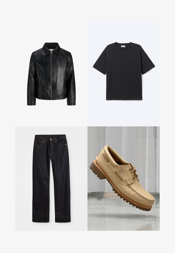 Veste en cuir noire avec fermeture éclair à l'avant, col pointu, manches longues et coutures simples, présentée sur fond blanc.; T-shirt noir à manches courtes avec col rond, coupe décontractée, vue de face, design uni et étiquette de la marque Weekday visible à l’intérieur du col.; Jean en denim noir pour hommes, coupe droite, avec cinq poches et surpiqûres orange, fermeture par bouton et zip à la taille avant.; Chaussure bateau en cuir marron clair avec semelle épaisse et striée et détails de lacets, flottant au-dessus d'un sol en marbre et d'un fond de stores verticaux blancs.