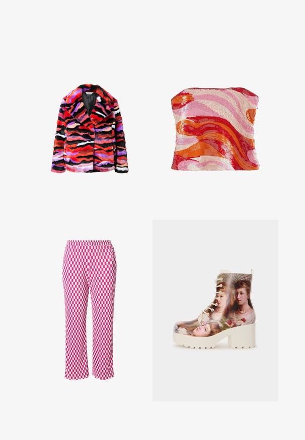 Faux fur overtøj med flerfarvede bølgemønstre i rød, sort, lilla og hvid; har en klippet krave og en enkelt knaplukning.; Stropfri tube top med hvirvlende røde, orange og pink pailletmønstre, der skaber et levende, bølgende abstrakt design.; Lyserøde og hvide ternede bukser med elastisk talje, cropped længde og en let bølget kant. Fremstillet af let ribbet stof.; Snørebånd ankle boot med en blank overflade, der viser et malet design af ansigtter. Den har en kraftig hvid platform og detaljeret syning.
