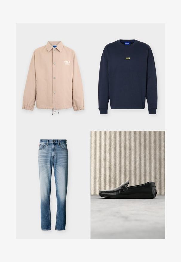 Veste beige à boutons avec col, poignets élastiques, cordon de serrage à l'ourlet et logo blanc "HUGO" sur le côté gauche de la poitrine.; Sweat-shirt bleu marine à manches longues avec col rond, petit logo jaune "HUGO" sur la poitrine et étiquette bleue à l'intérieur du col.; Jean bleu délavé à coupe droite avec cinq poches, fermeture par bouton et passants pour ceinture, présenté à plat sur fond blanc.; Mocassins en cuir noir avec une finition brillante, bout rond et quincaillerie décorative à l'avant. Semelle en caoutchouc à profil bas. Texture lisse.
