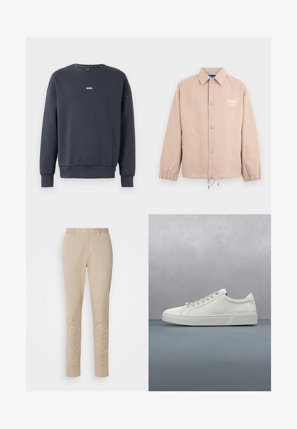 Chaqueta beige con botones, cuello, puños elásticos, dobladillo con cordón ajustable y el logo blanco "HUGO" en el pecho izquierdo.; Sudadera azul marino fabricada en un tejido suave, con cuello redondo, mangas largas y un pequeño logo blanco de "BOSS" en el pecho.; Pantalones de algodón beige con un diseño de pierna recta, que cuentan con una cremallera, bolsillos laterales y detalles de costura sutiles. Textura suave.; Zapatilla blanca de cuero con punta redondeada, diseño minimalista, cordones grises y suela de goma texturizada gris. Detalles de costura sutiles visibles.