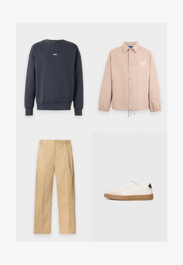 Beige jassen met knopen, kraag, elastische manchetten, trekkoordzoom en witte "HUGO"-logo op de linkerborst.; Marineblauwe sweatshirt van zachte stof, met een ronde hals, lange mouwen en een klein wit "BOSS" logo op de borst.; Beige chino's met rechte pijpen, voorzien van knoop- en ritssluiting, riemlussen en zijzakken, plat neergelegd op een witte achtergrond.; Witte sneakers met beige accenten, bovenwerk van glad leer, ronde neus en rubberen gumzool, met een zwarte hieltab en subtiele branding.