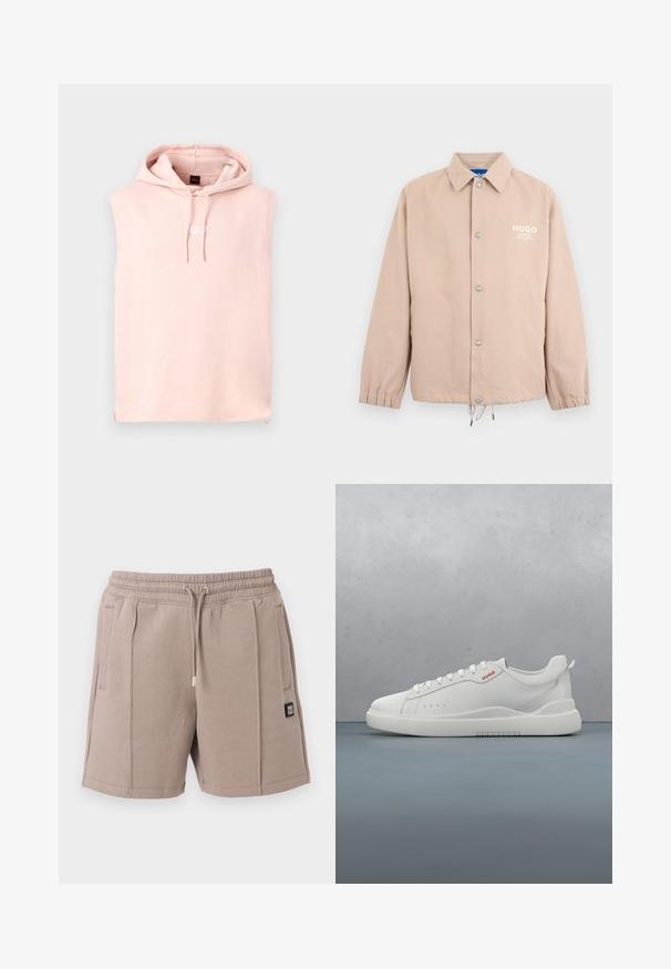 Veste beige à boutons avec col, poignets élastiques, cordon de serrage à l'ourlet et logo blanc "HUGO" sur le côté gauche de la poitrine.; Sweat à capuche sans manches rose clair avec cordons à l'avant et petit texte brodé au centre de la poitrine sur fond gris uni.; Short beige avec cordon de serrage, taille élastique, poches latérales, détails de couture à l'avant et petit patch logo noir sur la jambe gauche.; Sneaker blanche avec une finition en cuir lisse, bout rond, quatre œillets, perforations subtiles et un détail de logo rouge sur le côté.