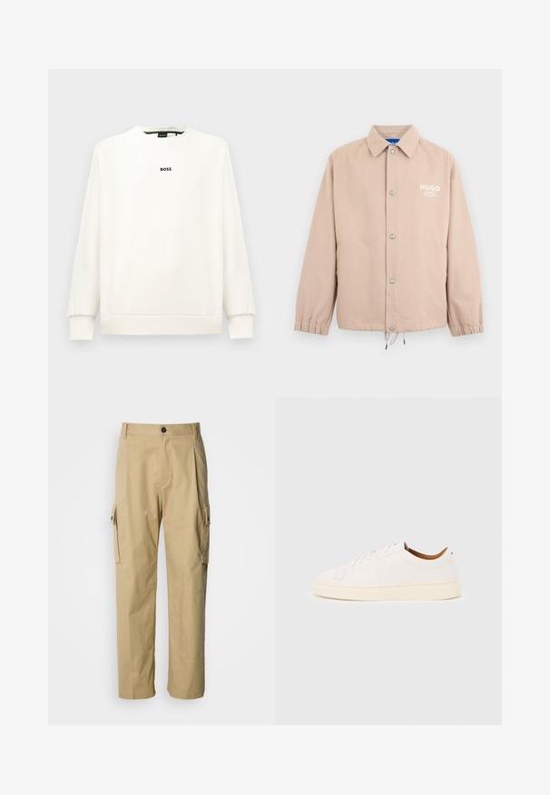 Beige Jacke mit Knöpfen, Kragen, elastischen Bündchen, Kordelzug am Saum und weißem "HUGO"-Logo auf der linken Brust.; Weißes Sweatshirt mit Rundhalsausschnitt, langen Ärmeln, gerippten Bündchen und Saum. Mit einem kleinen schwarzen „BOSS“-Logo auf der Brust. Glatte Textur.; Beige Cargo-Hosen aus strapazierfähigem Stoff, mit lockerem Schnitt, Seitentaschen und Knopfverschluss an der Taille.; Weißer Sneaker mit niedrigem Schaft und Schnürdesign, minimalen Nähten und einer cremefarbenen Sohle auf hellgrauem Hintergrund.