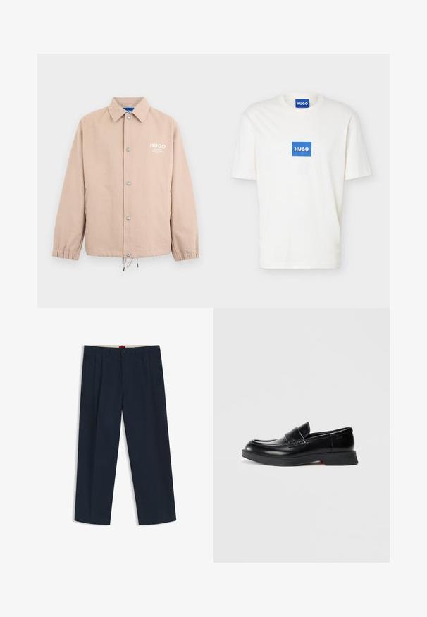Beige jakke med knapper, krave, elastiske ærmekanter, snøre i kanten og hvidt "HUGO"-logo på venstre bryst.; Hvid T-shirt med korte ærmer og rund halsudskæring, med en blå rektangulær logo med teksten "HUGO" centreret på brystet og på den indvendige krave.; Mørkeblå bukser med vide ben med bæltestropper, knaplukning og lynlås foran samt sidelommer, vist på en hvid baggrund.; Sorte læder loafers med en glat finish, der har en hævet frontpanel og en kontrasterende rød detalje på sålen. Flad gummisål.