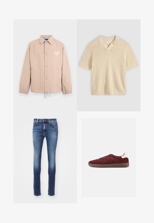 Beige napillinen takki, jossa kaulus, joustavat hihansuut, kiristysnyöri helmassa ja valkoinen "HUGO"-logo vasemmalla rinnalla.; Beigenvärinen lyhythihainen neulottu poolopaita, jossa on teksturoitu, avoin kudoskuvio ja resorit kauluksessa, hihansuut ja helma, esitetty yksivärisellä taustalla.; Siniset farkut, joissa on kapea malli, keskimäinen vyötärö, ommellut taskut ja hieman haalistunut ilme. Lahkeet ovat hieman kuluneet.; Viininpunainen mokkanahkainen tennari, jossa nauhoitus edessä, teksturoidut sivuosat ja vaalea kantakoriste. Kumikumipohja sileällä pinnalla.