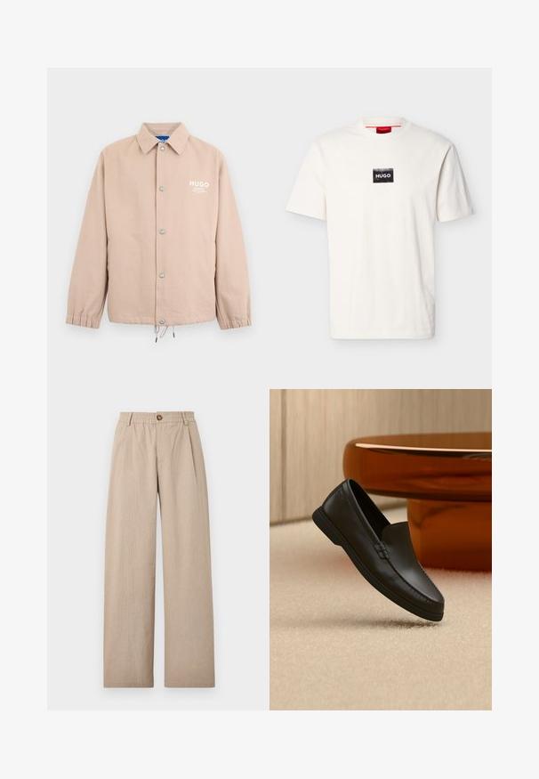 Beige jakke med knapper, krave, elastiske ærmekanter, snøre i kanten og hvidt "HUGO"-logo på venstre bryst.; Hvid kortærmet T-shirt med rund hals og en lille sort rektangulær patch med hvid "HUGO" tekst på brystet.; Beige vide bukser med struktureret finish, der har folder og en elastisk talje, fastgjort med en bronze knap foran.; Sort læder slip-on loafer vist på beige tæppe ved siden af et buet borde af ravfarvet glas i et rum med neutrale toner.