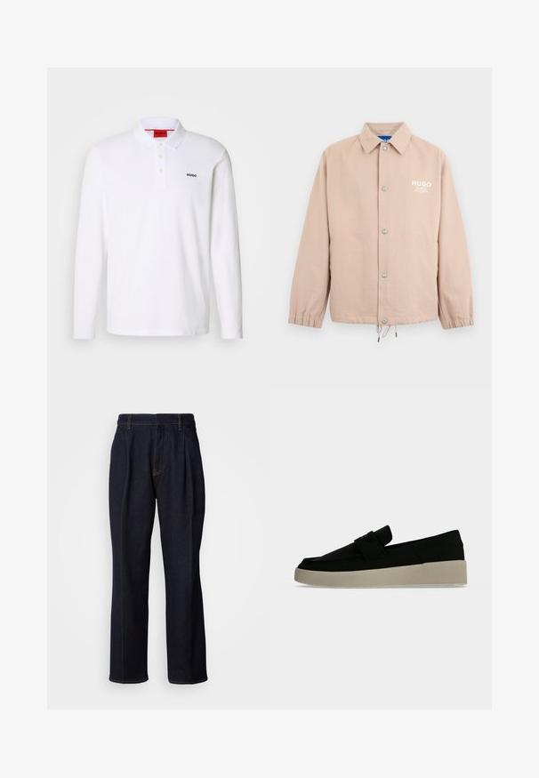 Chaqueta beige con botones, cuello, puños elásticos, dobladillo con cordón ajustable y el logo blanco "HUGO" en el pecho izquierdo.; Camisa polo blanca de manga larga hecha de algodón con cuello, tapeta de tres botones y el logo negro "HUGO" en el lado izquierdo del pecho.; Jeans de mezclilla de pierna ancha en un tono azul oscuro, con pliegues frontales y costuras naranjas, presentados sobre fondo blanco.; Zapato negro tipo slip-on con suela gruesa color beige claro, tacón bajo y detalle de correa cruzando la parte superior sobre un fondo liso gris claro.
