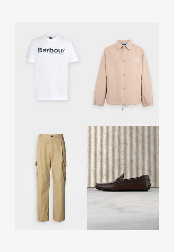 Veste beige à boutons avec col, poignets élastiques, cordon de serrage à l'ourlet et logo blanc "HUGO" sur le côté gauche de la poitrine.; T-shirt blanc à manches courtes et col rond avec le logo « Barbour » et le texte « Manufacturers of Outdoor Clothing » imprimés sur le devant.; Pantalon cargo beige en tissu résistant, avec une coupe décontractée, des poches latérales et une fermeture par bouton à la taille.; Mocassins en cuir marron avec une finition lisse, des coutures de style mocassin, un bout rehaussé et une semelle en caoutchouc basse et flexible.