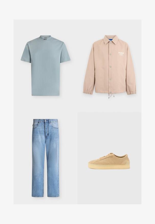Veste beige à boutons avec col, poignets élastiques, cordon de serrage à l'ourlet et logo blanc "HUGO" sur le côté gauche de la poitrine.; T-shirt bleu clair à manches courtes avec un col montant côtelé et le logo "BOSS" imprimé à l'intérieur de l'encolure.; Jean droit en denim bleu clair avec fermeture par bouton et zip, poches avant et arrière, et passants de ceinture à la taille.; Baskets basses en daim beige avec semelle épaisse en gomme, fermeture à lacets à l'avant, et logo discret sur le côté, sur un fond uni gris clair.