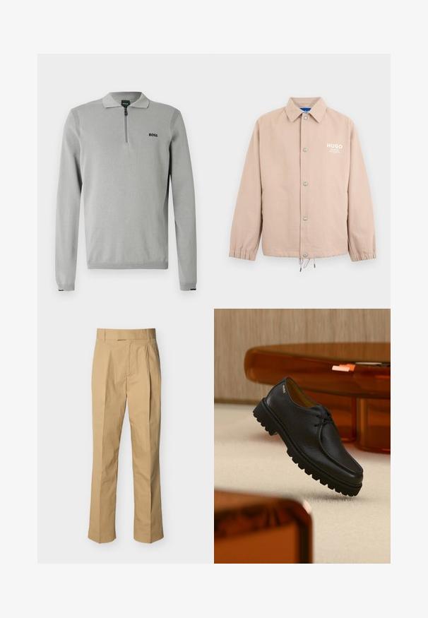 Veste beige à boutons avec col, poignets élastiques, cordon de serrage à l'ourlet et logo blanc "HUGO" sur le côté gauche de la poitrine.; Pull-over gris avec col zippé, présentant des accents côtelés sur les épaules et les poignets. Comprend un petit logo noir "BOSS" sur la poitrine.; Pantalon beige en coton lisse à taille haute, avec des plis à l'avant et des jambes droites. Aucun équipement visible ni motifs.; Chaussure à lacets en cuir noir texturé avec une semelle épaisse à rainures, marquée "HUGO" près du talon, présentée sur un tapis beige et un mobilier ambre.
