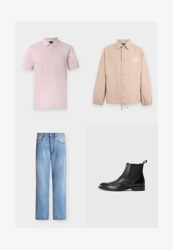 Veste beige à boutons avec col, poignets élastiques, cordon de serrage à l'ourlet et logo blanc "HUGO" sur le côté gauche de la poitrine.; Polo rose clair à manches courtes avec deux boutons, petit écusson logo sur la poitrine et col classique sur fond blanc.; Jean droit en denim bleu clair avec fermeture par bouton et zip, poches avant et arrière, et passants de ceinture à la taille.; Bottine en cuir noir avec des panneaux latéraux élastiques, bout rond et tirette. Texture lisse, semelle plate, design minimaliste.
