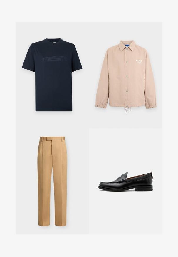 Veste beige à boutons avec col, poignets élastiques, cordon de serrage à l'ourlet et logo blanc "HUGO" sur le côté gauche de la poitrine.; T-shirt bleu marine à manches courtes en coton, avec une silhouette de voiture embossée sur le devant. Col rond.; Pantalon beige droit avec passants de ceinture, plis devant et fermeture éclair.; Mocassin homme en cuir noir avec couture moc toe, bride penny, col texturé et petit talon empilé sur fond blanc.