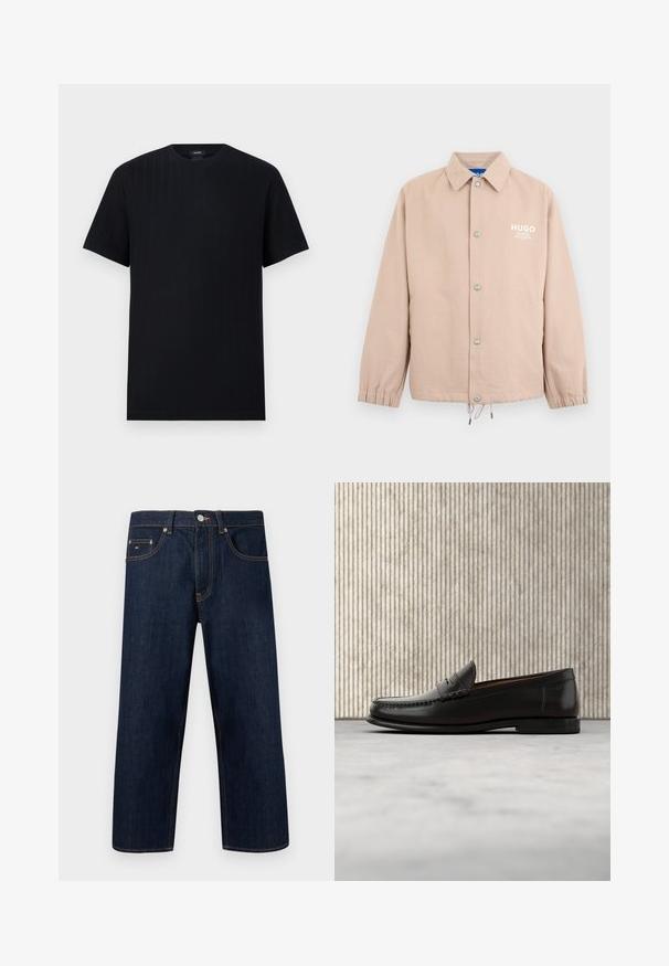 Veste beige à boutons avec col, poignets élastiques, cordon de serrage à l'ourlet et logo blanc "HUGO" sur le côté gauche de la poitrine.; T-shirt noir à manches courtes avec encolure ronde, présentant une texture subtile à côtes verticales, posé à plat sur un fond gris clair.; Jean droit en denim bleu foncé avec cinq poches, coutures contrastantes orange, bouton argenté et petit logo sur la poche avant droite.; Mocassin penny en cuir noir avec talon bas, bout arrondi et détails cousus à l'avant et sur les côtés, présenté sur un fond neutre.