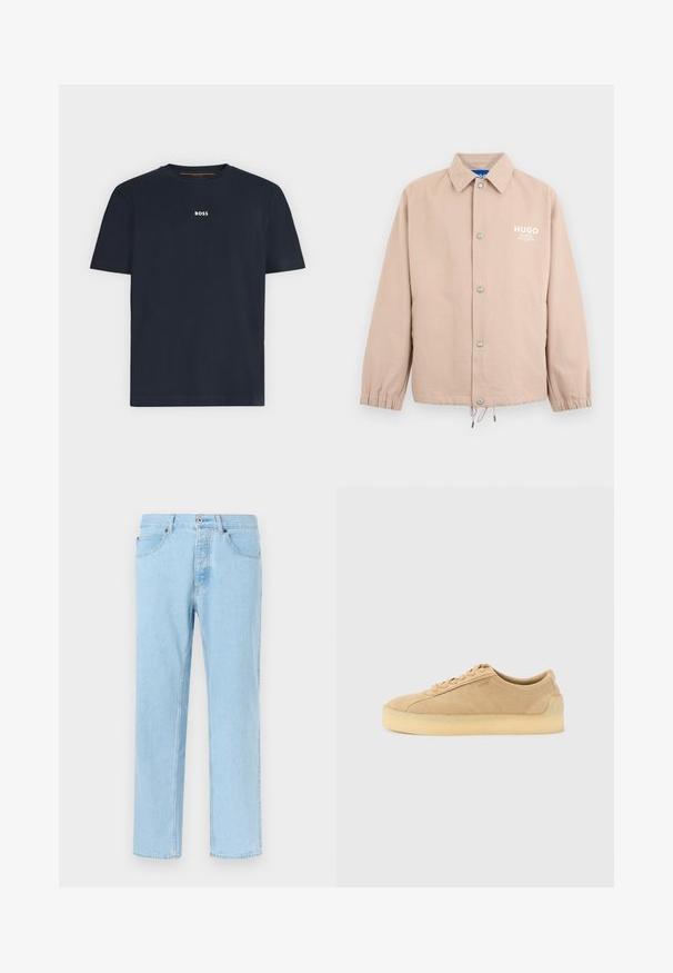 Beige Jacke mit Knöpfen, Kragen, elastischen Bündchen, Kordelzug am Saum und weißem "HUGO"-Logo auf der linken Brust.; Marineblaues Kurzarm-T-Shirt mit Rundhalsausschnitt und kleinem weißen "BOSS"-Logo mittig auf der Brust.; Hellblaue Jeans mit geradem Bein, vorn mit Knopf- und Reißverschluss, Vordertaschen und Gürtelschlaufen, vor einfarbigem Hintergrund gezeigt.; Beiger Wildleder-Sneaker mit flacher Silhouette, dicker Kautschuksohle, Schnürverschluss und dezentem seitlichem Branding vor einem schlichten hellgrauen Hintergrund.
