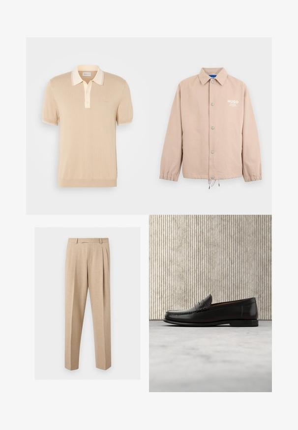 Beige napillinen takki, jossa kaulus, joustavat hihansuut, kiristysnyöri helmassa ja valkoinen "HUGO"-logo vasemmalla rinnalla.; Vaaleanbeige polo-paita, joka on valmistettu pehmeästä neuloksesta. Siinä on erottuva kaulus ja kaksipainikeinen nappilista. Rinnassa on hillitty brändäys.; Beigen väriset räätälöidyt housut etutaitoksilla, vyölenkeillä ja suorilla lahkeilla, esillä yksiväristä vaaleaa taustaa vasten.; Musta nahkainen penny-loafer-mokkasiini, jossa matala korko, pyöreä kärki ja ompelukoristeet edessä ja sivuilla, esitetty neutraalilla taustalla.