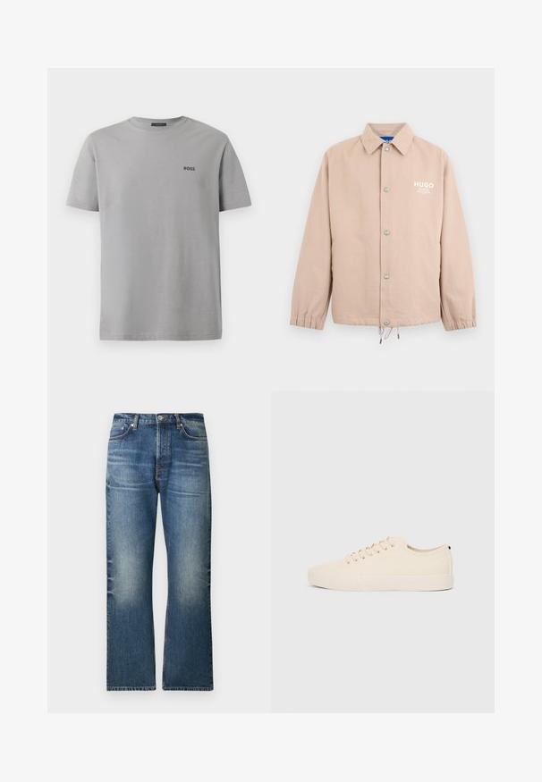 Veste beige à boutons avec col, poignets élastiques, cordon de serrage à l'ourlet et logo blanc "HUGO" sur le côté gauche de la poitrine.; T-shirt en coton gris à manches courtes, col rond, avec un petit logo noir "BOSS" sur la partie gauche de la poitrine. Texture lisse, design simple.; Jeans en denim bleu clair avec une coupe droite, présentant des zones délavées, cinq poches et une fermeture classique par bouton à la taille.; Baskets en toile beige avec bout arrondi, semelle en caoutchouc plate et lacets à l'avant. Présente un design minimaliste et un accent noir contrastant au niveau du talon.