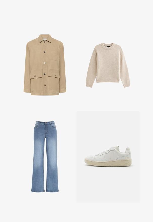 Beige jakke med knapper foran, spids krave, tre lommer foran inklusive en brystlomme, og to klaplommer med trykknapper.; Beige strikket sweater med rund hals, lange ærmer og ribbet kant. Tekstureret stof med en blød udseende. Enkel og alsidig design.; Lyseblå vidde jeans lavet af denim. Har en knaplukning, fem lommer og syninger i kontrast. Glat overflade med en let falma.; Hvide lædersneakers med perforeret tåboks, kontrasterende beige gummisål og logoer på siden og hælen. Minimalistisk design.