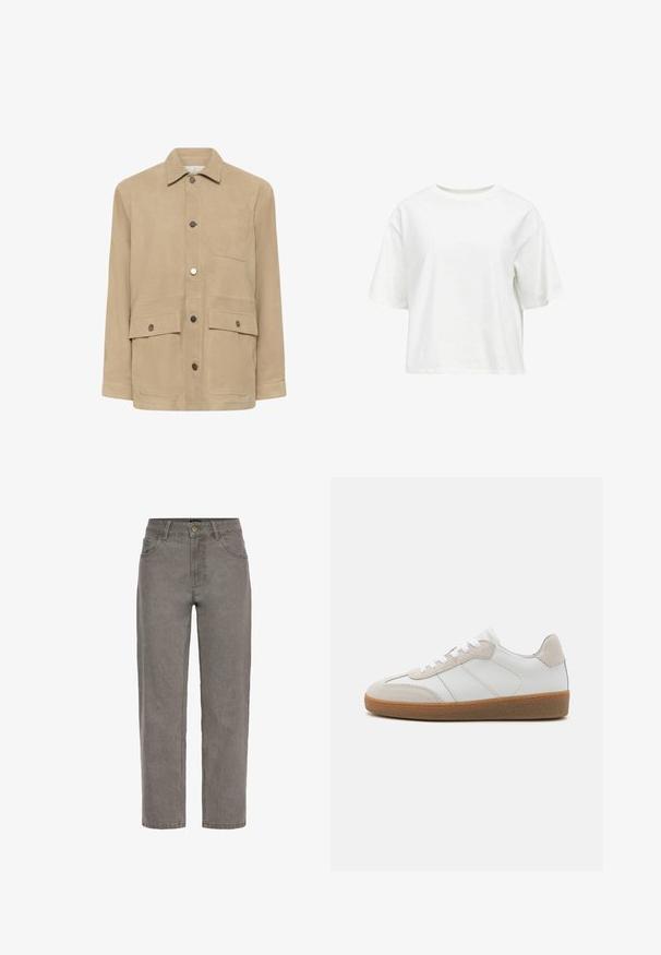 Beige Knopfjacke mit spitzem Kragen, drei Vorderfachern, darunter eine Brusttasche, sowie zwei Klappentaschen mit Druckknopfverschluss.; Einfarbiges weißes T-Shirt mit kurzen Ärmeln und Rundhalsausschnitt, locker geschnitten mit leicht nach unten fallenden Schultern, auf weißem Hintergrund dargestellt.; Graue Jeans mit geradem Bein aus Denim, mit Knopf- und Reißverschluss, vorne und hinten Taschen sowie Gürtelschlaufen.; Weiße Leder-Sneaker mit beige Suede-Akzenten, strukturiertem Zungenbereich und Gummisohle. Verfügt über weiße Schnürsenkel und dezente eingestickte Details.