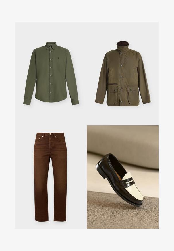 Veste extérieure verte pour homme avec col montant, boutons-pression, deux grandes poches avant et une poche zippée sur le côté gauche.; Chemise olive à manches longues avec boutons et col boutonné, petit logo brodé sur la poitrine gauche.; Jean marron droit en denim avec poches avant et fermeture par bouton métal sur un fond clair uni.; Mocassin en cuir noir avec un empeigne crème et des rayures noires, présentant un petit talon et des coutures détaillées le long des bords.