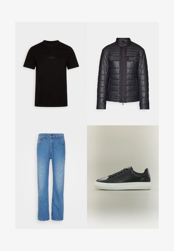 Sort pufferjakke med quiltet tekstur, høj krave, lynlås foran og logo accenter på brystet. Har et glat stofpanel foran.; Sort kortærmet t-shirt lavet af bomuld, med rund halsudskæring og et logo på forsiden af brystet med "GUESS EST. 1981" i et diskret design.; Denim Project DPMMR LOOSE - Loose-jeans - blue denim wash; Sort læderlav-top sneaker med sorte snørebånd og tyk hvid gummisål på en neutral baggrund.