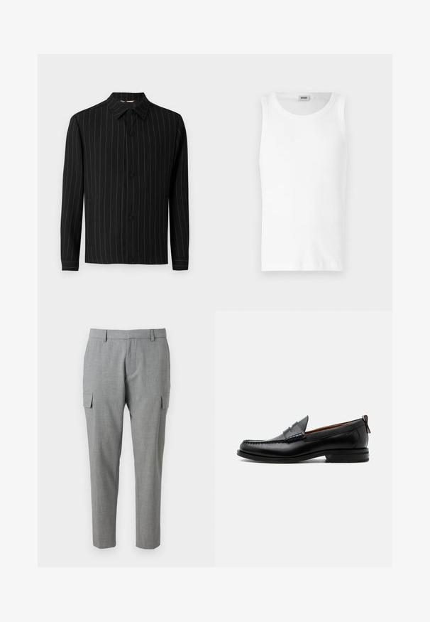 Veste noire avec des rayures verticales en rouge foncé, dotée d'un col, d'une fermeture à boutons et de manches longues. Fabriquée en tissu lisse.; Débardeur en coton blanc sans manches avec un col rond et une texture lisse. Design simple, sans motifs ni accents.; Pantalons cargo gris en tissu texturé, dotés de poches latérales, d'une coupe droite et d'une taille mi-haute. Coutures soignées et sans motifs visibles.; Mocassin homme en cuir noir avec couture moc toe, bride penny, col texturé et petit talon empilé sur fond blanc.